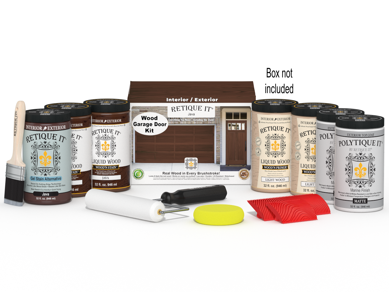 Retique It Wood'n Door Kit in Java stain for front and garage doors, includes stain and application tools, shown with packaging.
