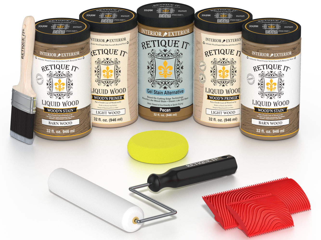 Retique It® Modern Walnut Wood Kit with primer, stains, brush, roller, yellow sponge, and red graining tools.