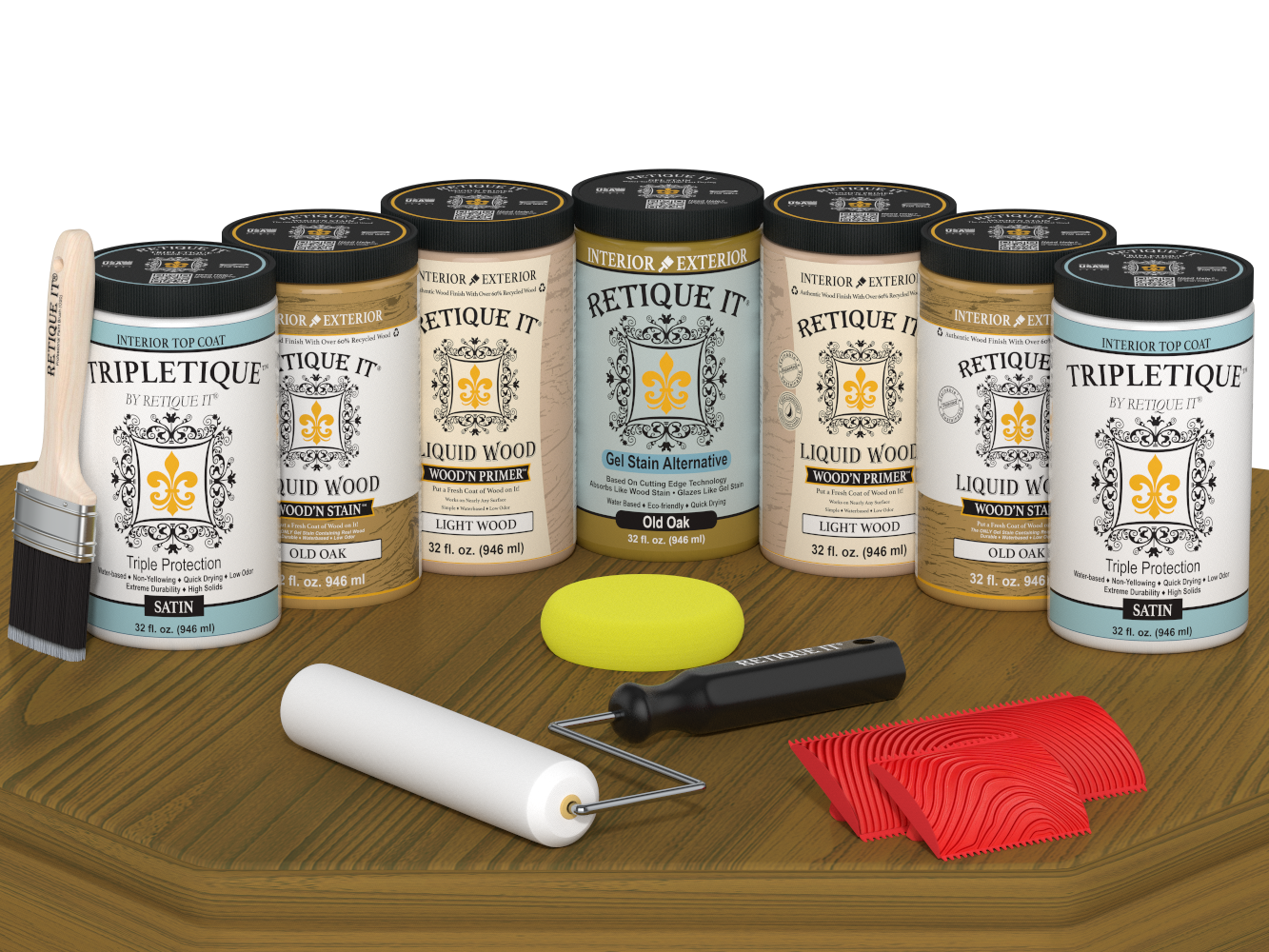Retique It® Wood'n Cabinet Kit in Old Oak stain showing 24 grained cabinet doors with satin finish on a table.