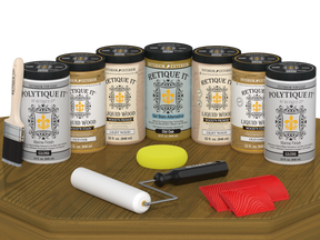 Retique It Wood'n Door Kit in Old Oak stain for front and garage doors, featuring a glossy finish on a wooden door sample.