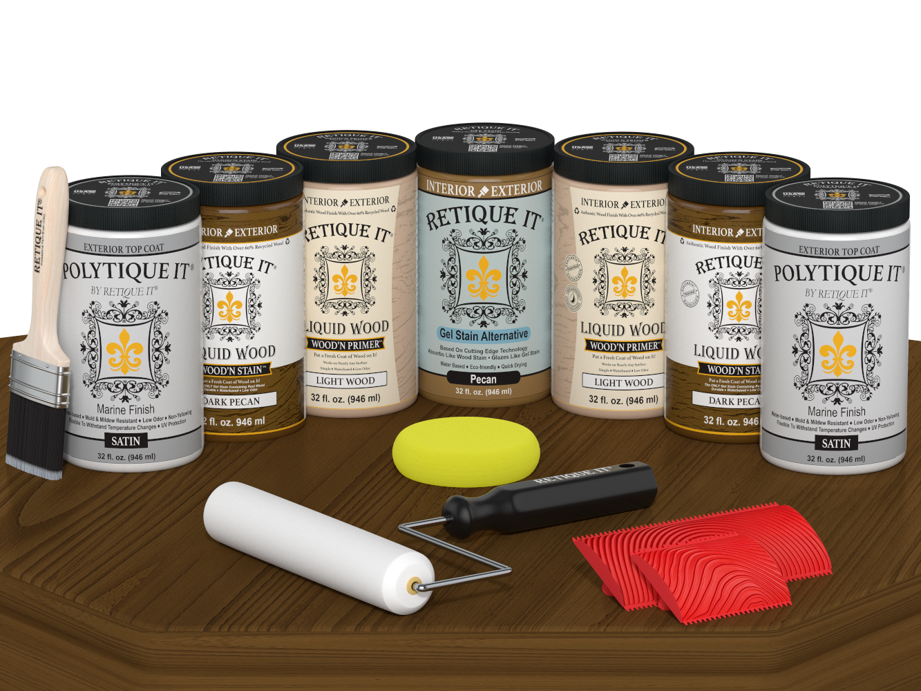 Retique It Wood'n Door Kit in Dark Pecan stain, featuring satin finish for front and garage doors, displayed on a table.
