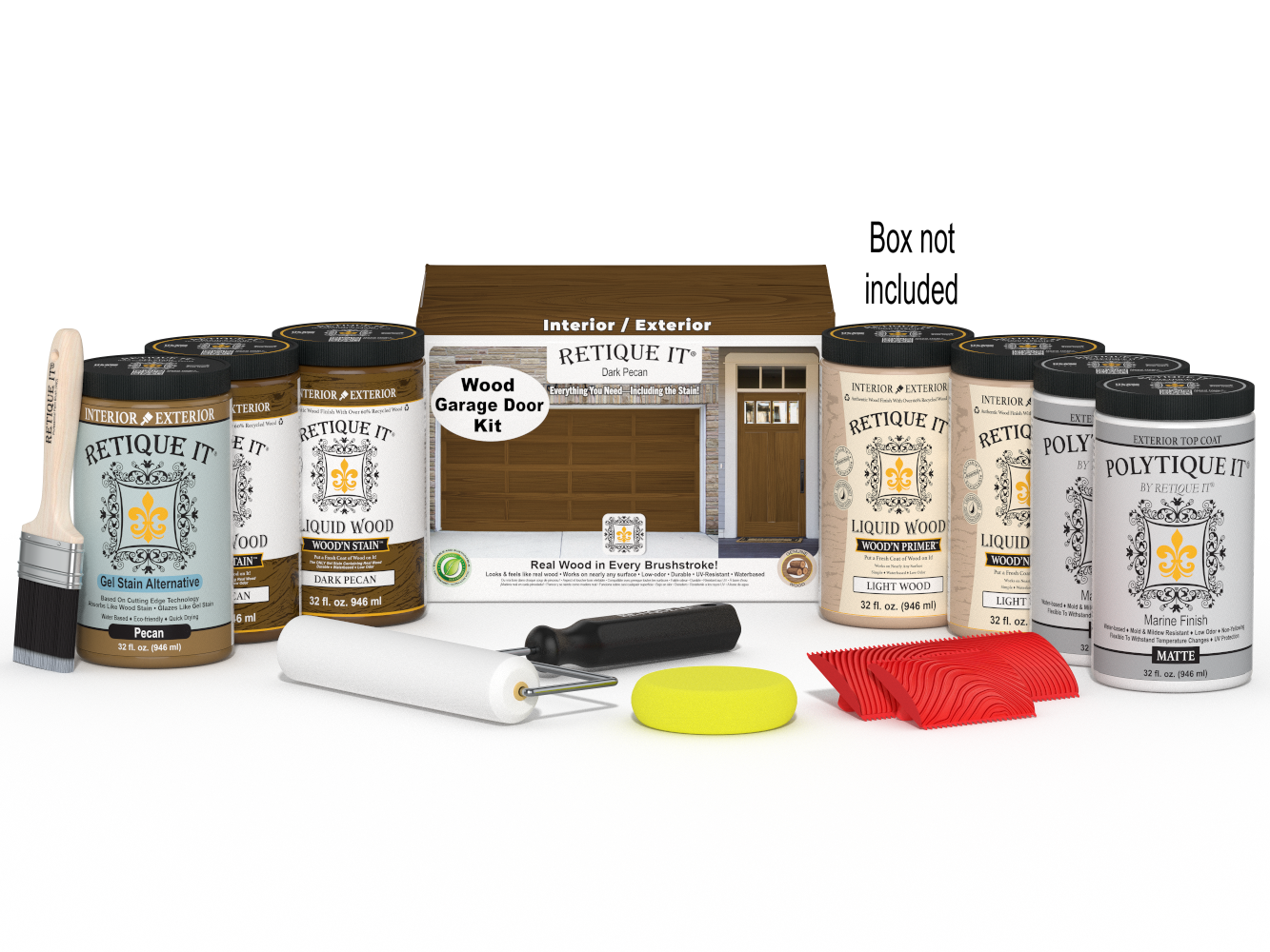 Retique It Wood'n Door Kit in Dark Pecan stain for front and garage doors, includes application tools and sample door panel.