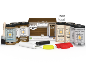 Retique It Wood'n Door Kit in Dark Pecan stain for front and garage doors, includes application tools and sample door panel.