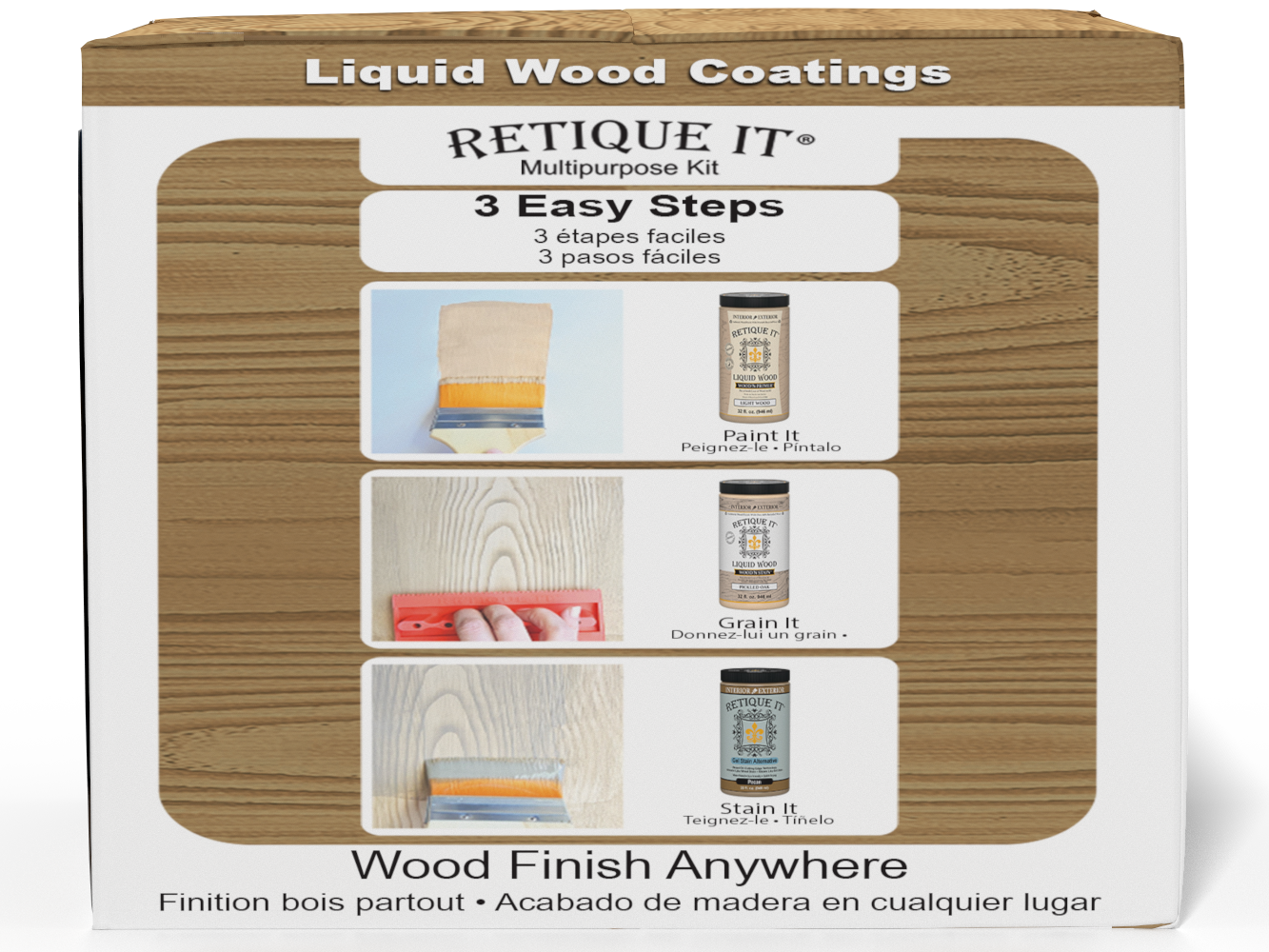 Large Pickled Oak Wood'n Finish Kit by Retique It® showing a box with wood stain and finishing supplies for multi-purpose wood projects.