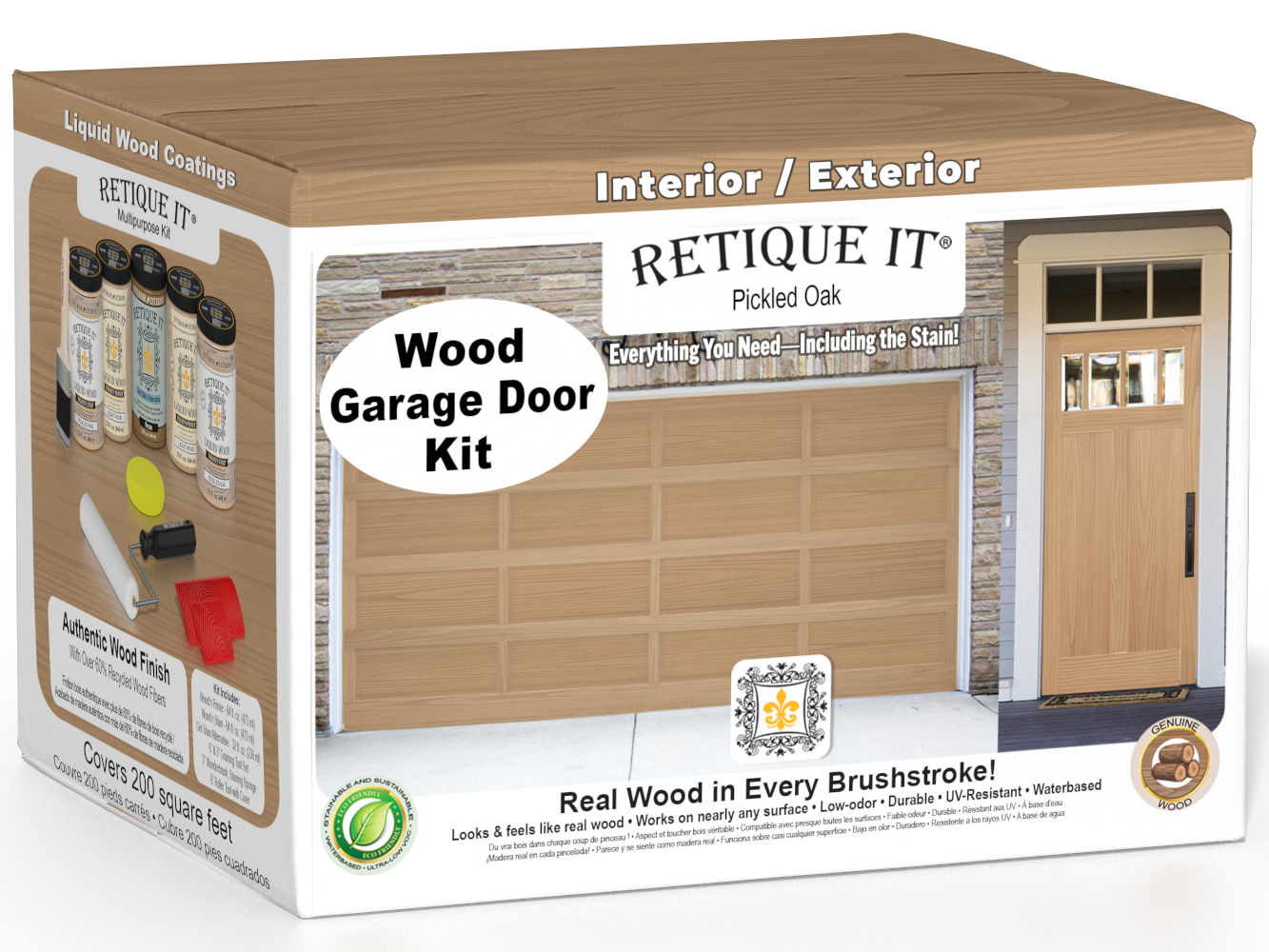 Retique It Wood'n Door Kit in Pickled Oak stain for front and garage doors, featuring natural wood finish on a garage door.