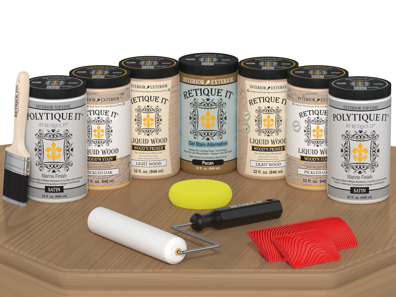 Retique It Wood'n Door Kit stain in Pickled Oak, satin finish, for front and garage doors, shown on a door sample.