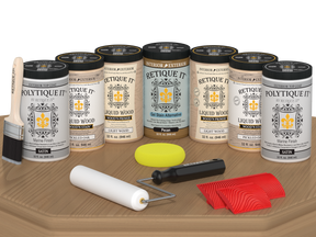 Retique It Wood'n Door Kit stain in Pickled Oak, satin finish, for front and garage doors, shown on a door sample.
