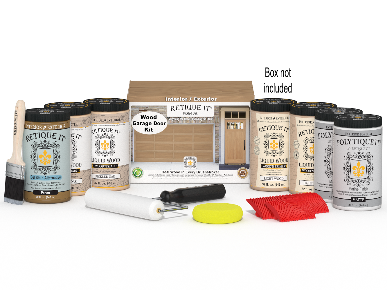 Retique It Wood'n Door Kit in Pickled Oak stain for front and garage doors, includes staining supplies and finish.