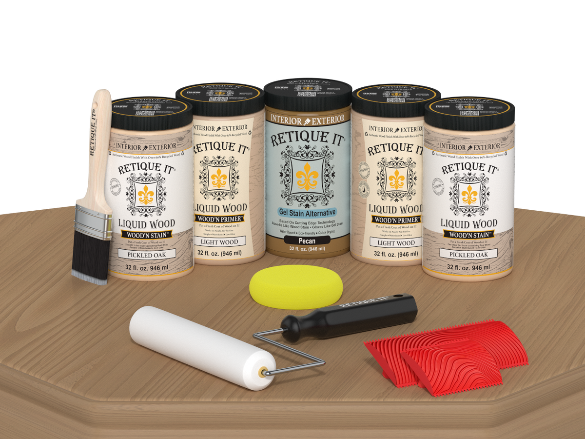 Retique It® Pickled Oak Kit with Liquid Wood®, Pecan Gel Stain Alternative, yellow sponge, red graining tool, roller, and brush.