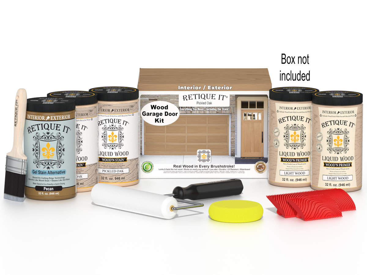 Retique It® Pickled Oak Wood Garage Door Kit with Liquid Wood®, Pecan Gel Stain Alternative, yellow sponge, red graining tool, roller, brush, and kit box.