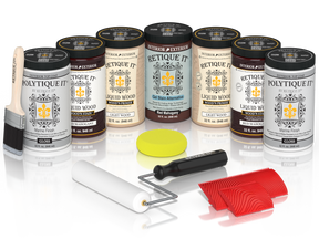 Retique It Red Mahogany Wood'n Kit with Gloss PolyTique It top coat, featuring Red Mahogany Liquid Wood stain, Light Wood primer, Red Mahogany Gel Stain Alternative, paint brush, white roller, yellow sponge, and red graining tools.