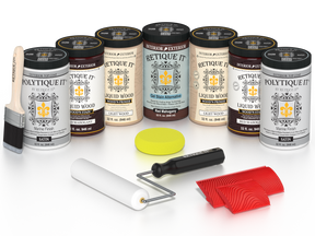 Retique It Red Mahogany Wood'n Kit with Satin PolyTique It top coat, featuring Red Mahogany Liquid Wood stain, Light Wood primer, Red Mahogany Gel Stain Alternative, paint brush, white roller, yellow sponge, and red graining tools.