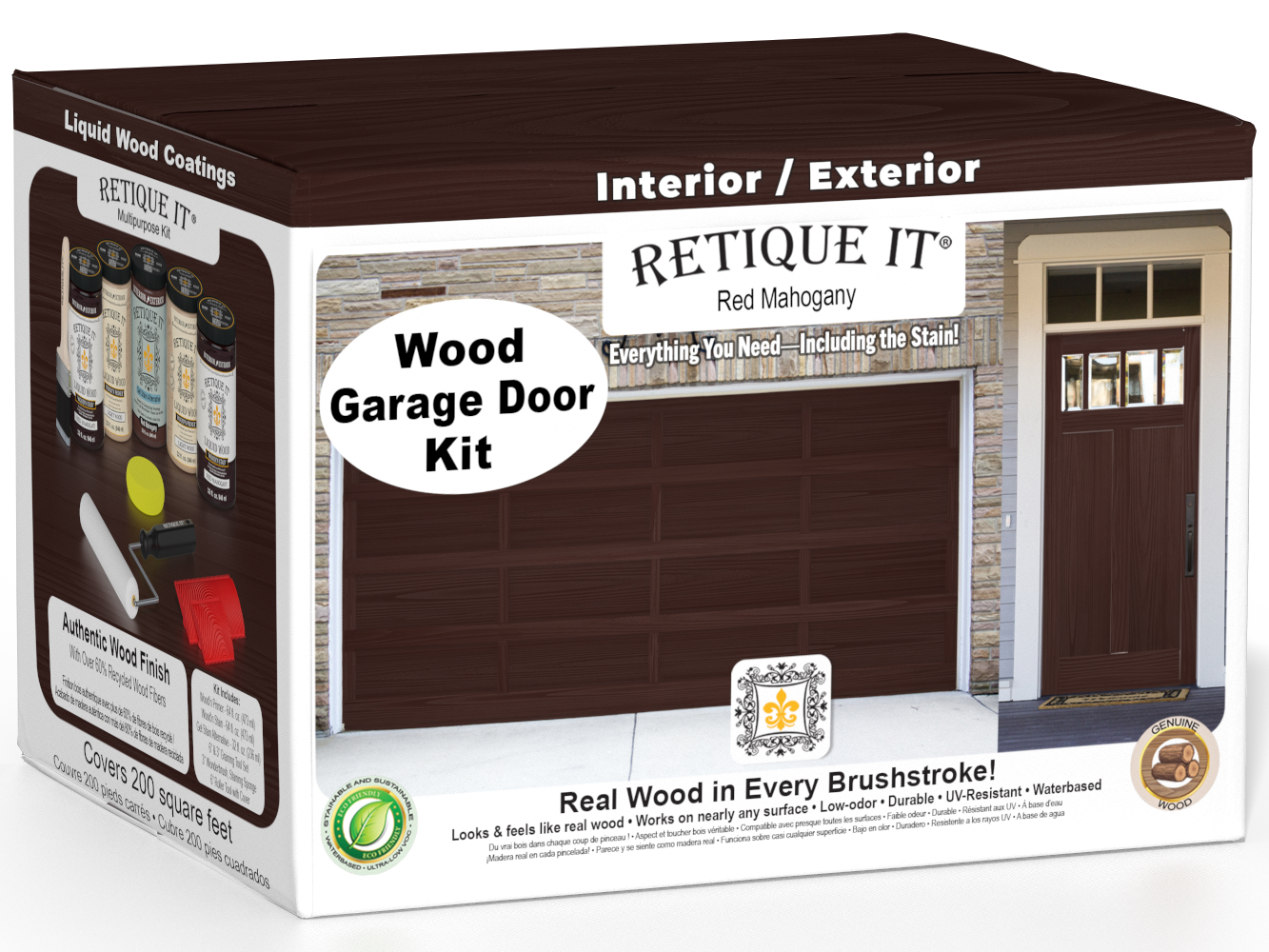 Retique It Wood'n Door Kit for front and garage doors in Red Mahogany stain, showcasing a beautifully finished wooden door.