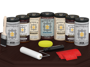 Retique It Wood'n Door Kit stain in Red Mahogany for front and garage doors, satin finish, displayed on a table.