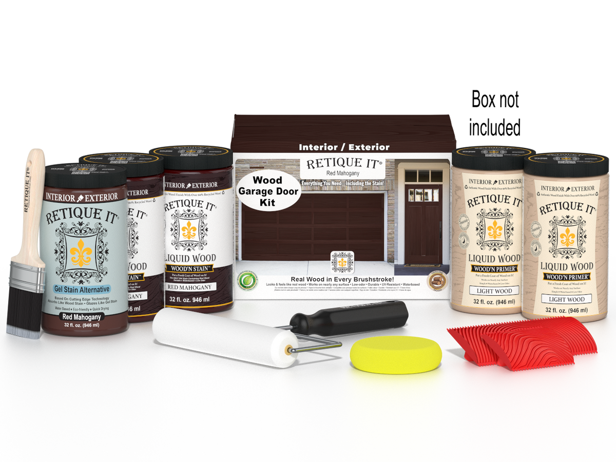 Retique It® Red Mahogany Wood Garage Door Kit featuring Red Mahogany Liquid Wood stain, Light Wood primer, Red Mahogany Gel Stain Alternative, paint brush, white roller, yellow sponge, red graining tools, and product box.