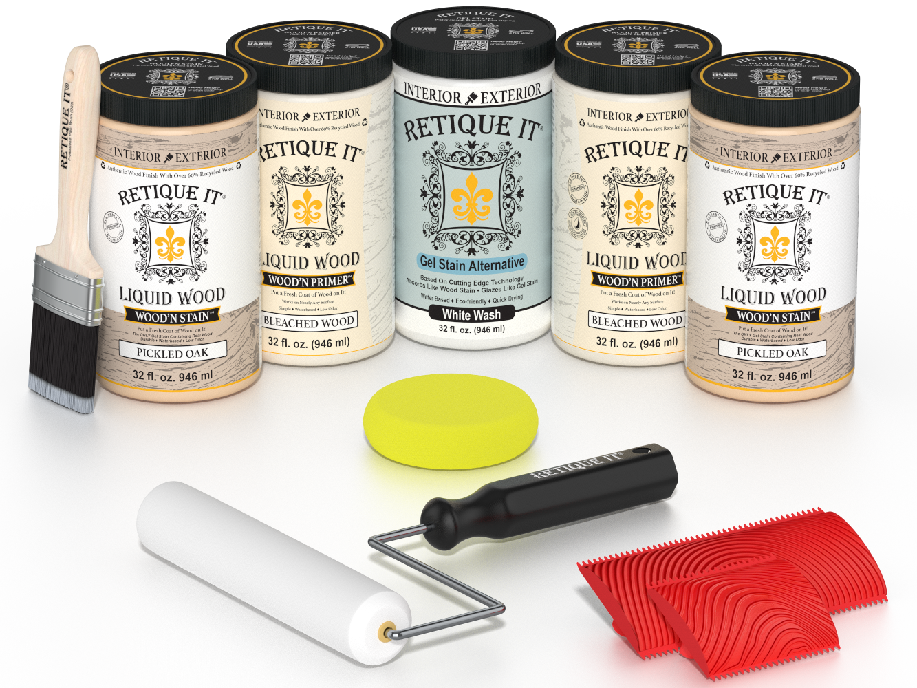 Retique It® Sunbleached Wood Kit with Liquid Wood®, White Wash Gel Stain Alternative, yellow sponge, red graining tool, roller, and brush.