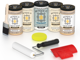 Retique It Sunbleached Wood Kit with Liquid Wood, White Wash Gel Stain Alternative, yellow sponge, red graining tool, roller, and brush.