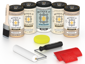 Retique It® Sunbleached Wood Kit with Liquid Wood®, White Wash Gel Stain Alternative, yellow sponge, red graining tool, roller, and brush.