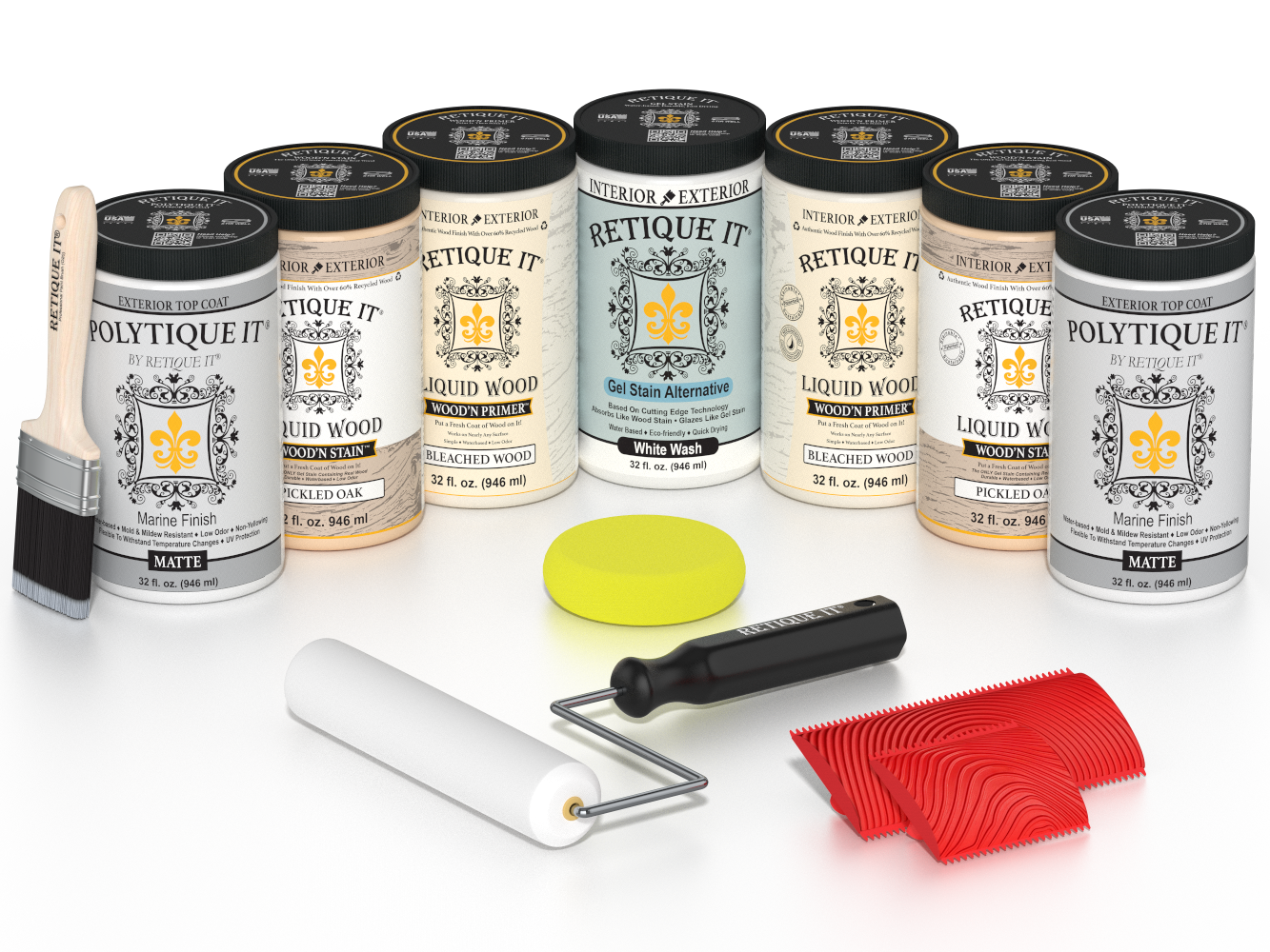 Retique It® Sun Bleached finishing system with PolyTique It® Matte top coat, featuring Liquid Wood Wood’n Primer in Bleached Wood, Liquid Wood Wood’n Stain in Pickled Oak, White Wash Gel Stain Alternative, paintbrush, roller, yellow sponge, red graining tools, and protective matte finish products for creating a weathered sun-bleached wood look.