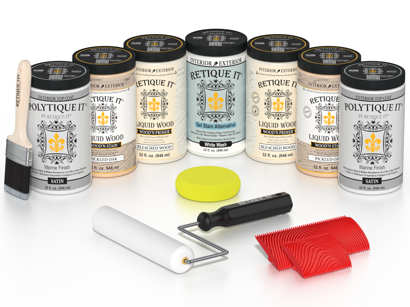 Retique It® Sun Bleached finishing system with PolyTique It® Satin top coat, Wood’n Primer, Pickled Oak stain, White Wash Gel Stain Alternative, paintbrush, roller, yellow sponge, and red graining tools.