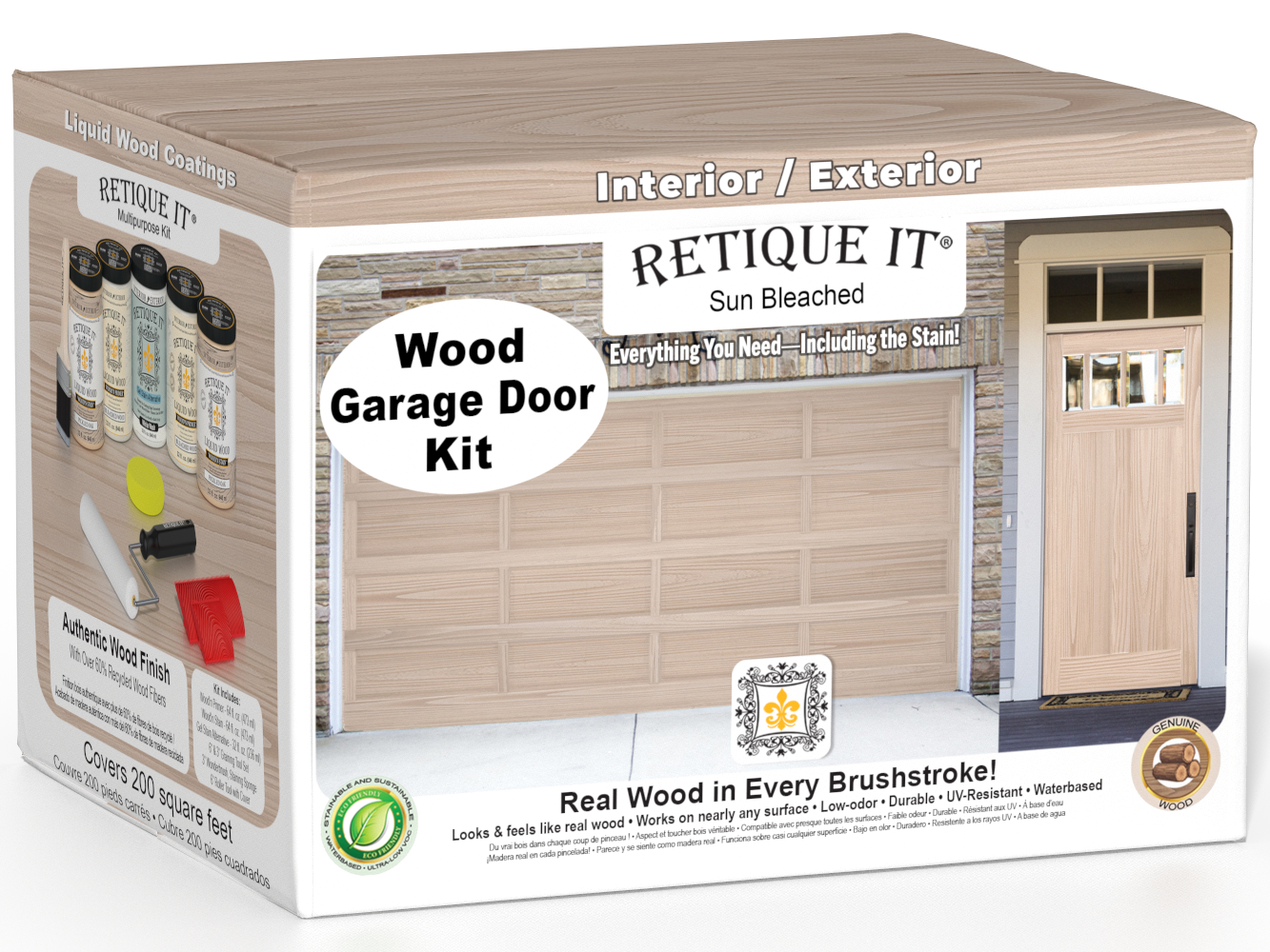 Retique It Wood'n Door Kit Sun Bleached finish for front and garage doors, showing a sun-bleached wood door with natural grain details.