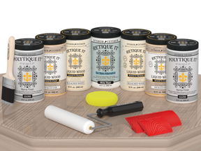 Retique It Wood'n Finish Kit for front and garage doors in sun-bleached wood tone, glossy wood finish on a table.