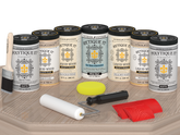 Retique It Wood'n Door Kit in Sun Bleached finish, includes front and garage door wood finish samples on a table.