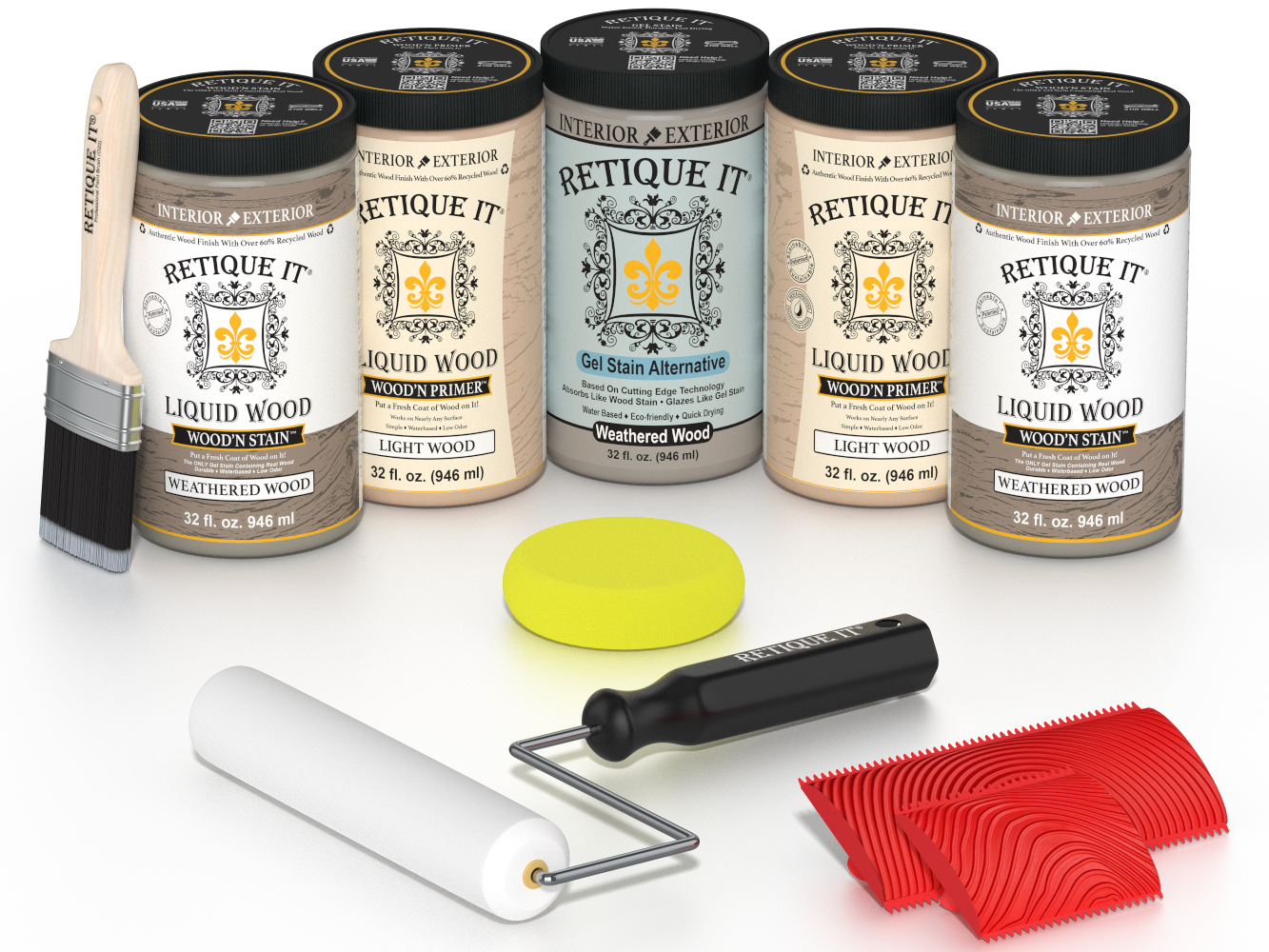 Retique It® Weathered Wood Kit with Liquid Wood®, Weathered Wood Gel Stain Alternative, yellow sponge, red graining tool, roller, and brush.