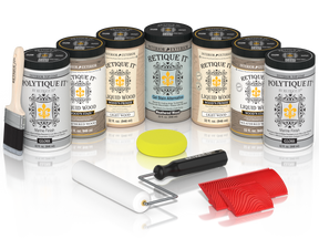 Retique It® Weathered Wood Kit with Liquid Wood®, Weathered Wood Gel Stain Alternative, Politique It® Gloss Finish, yellow sponge, red graining tool, rollers, and brush.