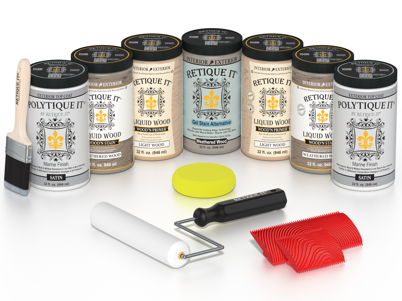 Retique It® Weathered Wood Kit with Liquid Wood®, Weathered Wood Gel Stain Alternative, Politique It® Satin Finish, yellow sponge, red graining tool, roller, and brush.