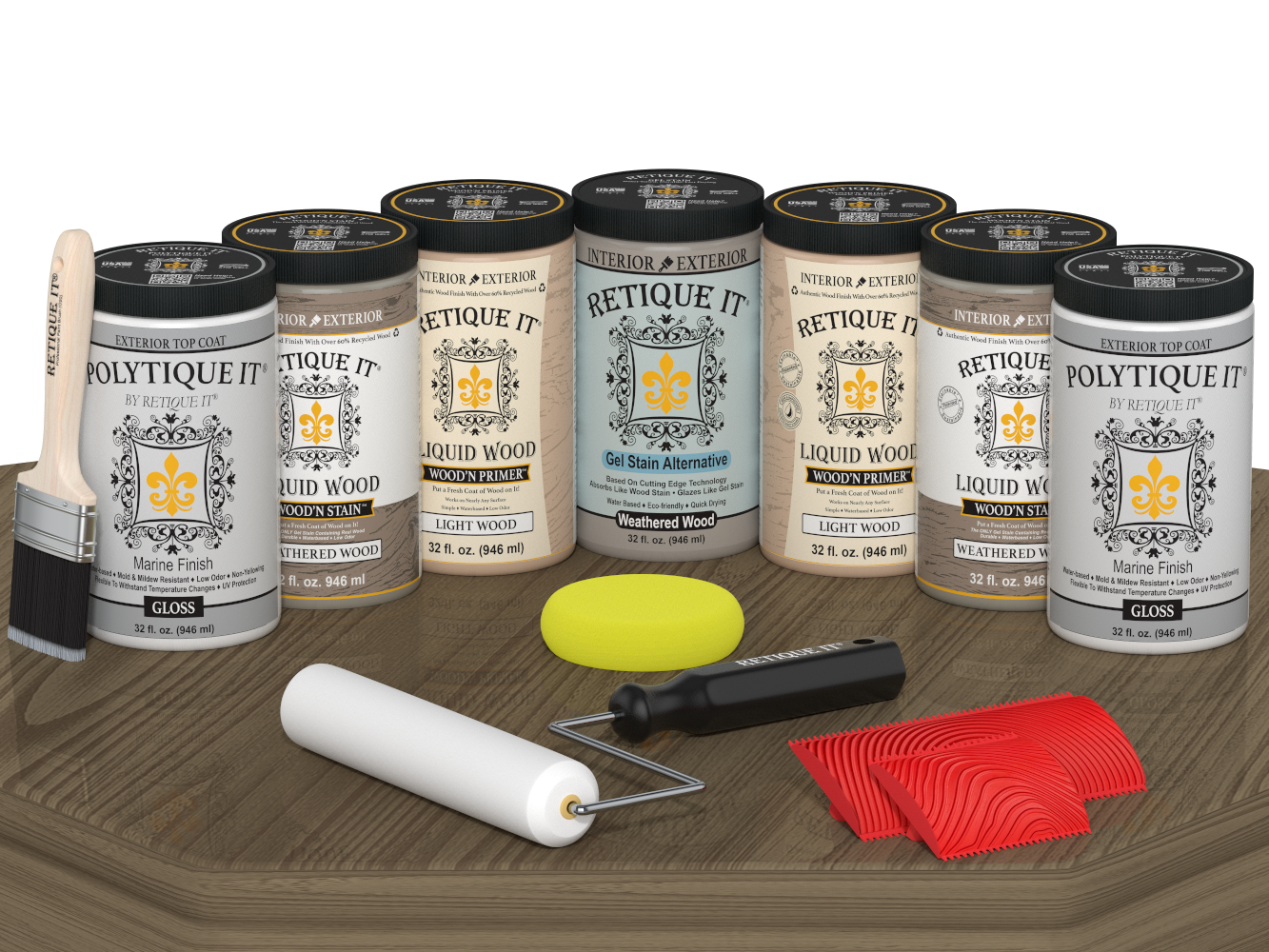 Retique It Wood'n Door Kit in Weathered Wood stain for front and garage doors, featuring a glossy finish on a table display.