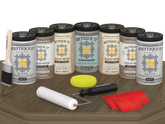 Retique It Wood'n Door Kit in Weathered Wood stain with matte finish, suitable for front and garage doors, displayed on a table.