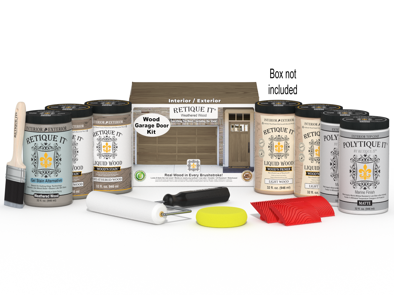 Retique It Wood'n Door Kit for front and garage doors in weathered wood stain, including stains and application tools.