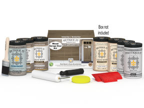 Retique It Wood'n Door Kit for front and garage doors in weathered wood stain, including stains and application tools.