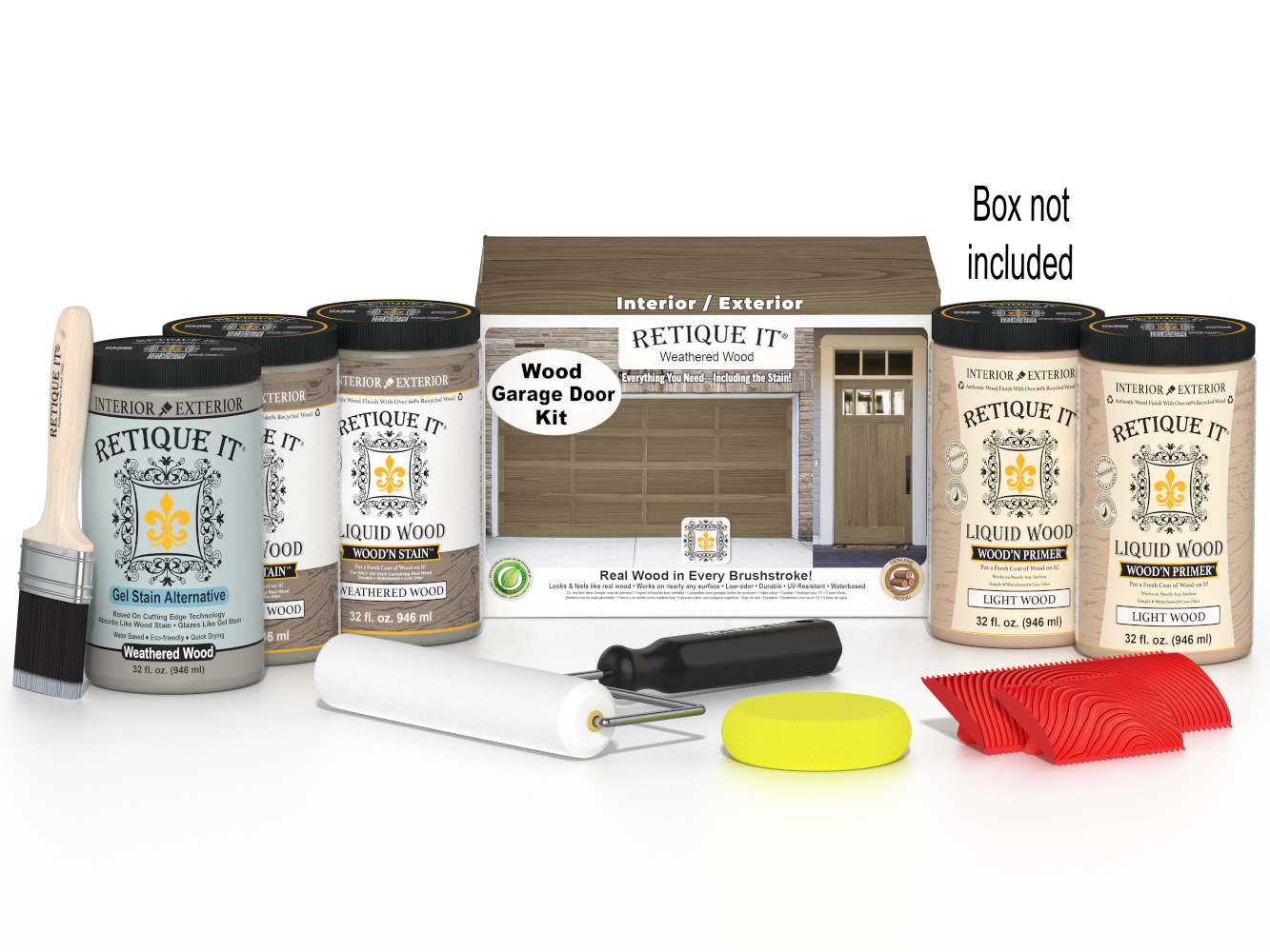 Retique It® Weathered Wood Wood Garage Door Kit with Liquid Wood®, Weathered Wood Gel Stain Alternative, yellow sponge, red graining tool, roller, brush, and kit box.