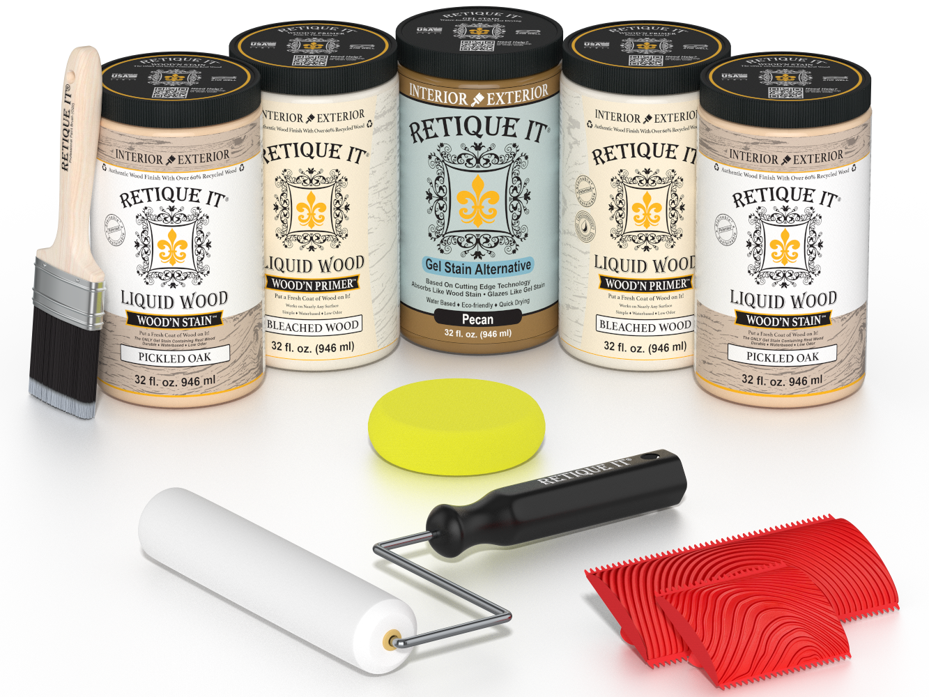 Retique It® White Oak Kit with Liquid Wood®, Pecan Gel Stain Alternative, yellow sponge, red graining tool, roller, and brush.