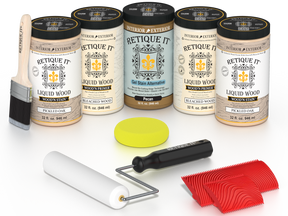 Retique It® White Oak Kit with Liquid Wood®, Pecan Gel Stain Alternative, yellow sponge, red graining tool, roller, and brush.