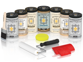 Retique It® White Oak Kit with Liquid Wood®, Pecan Gel Stain Alternative, Politique It® Gloss Finish, yellow sponge, red graining tool, rollers, and brush.