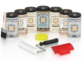 Retique It® White Oak Kit with Liquid Wood®, Pecan Gel Stain Alternative, Politique It® Matte Finish, yellow sponge, red graining tool, roller, and brush.