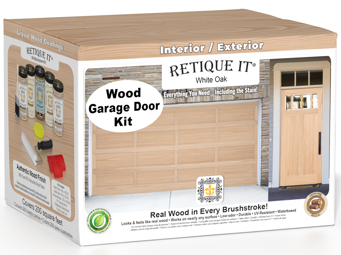 Retique It Wood'n Door Kit in White Oak stain displayed on a front and garage door for a natural wood finish.