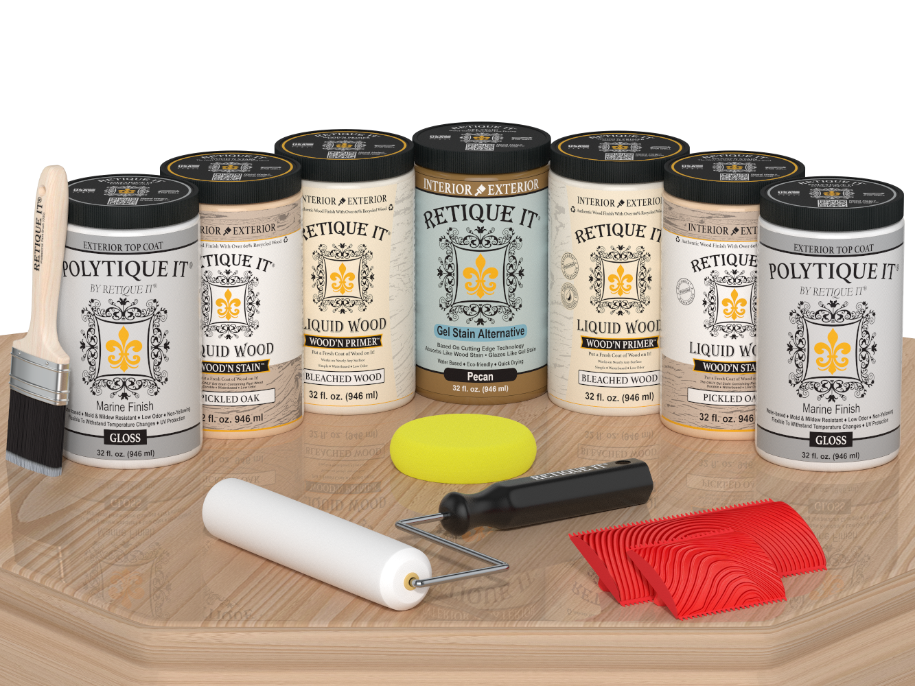Retique It Wood'n Door Kit in White Oak stain with glossy finish, designed for front and garage doors, displayed on a table.