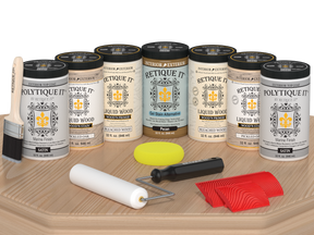 Retique It Wood'n Door Kit in White Oak stain, showing a satin finish front and garage door stain sample on a table.