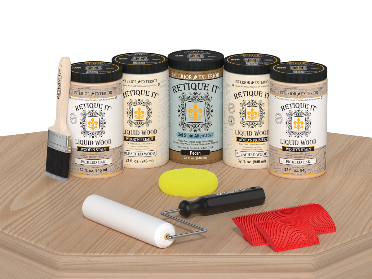Retique It® White Oak Kit with Liquid Wood®, Pecan Gel Stain Alternative, yellow sponge, red graining tool, roller, and brush.