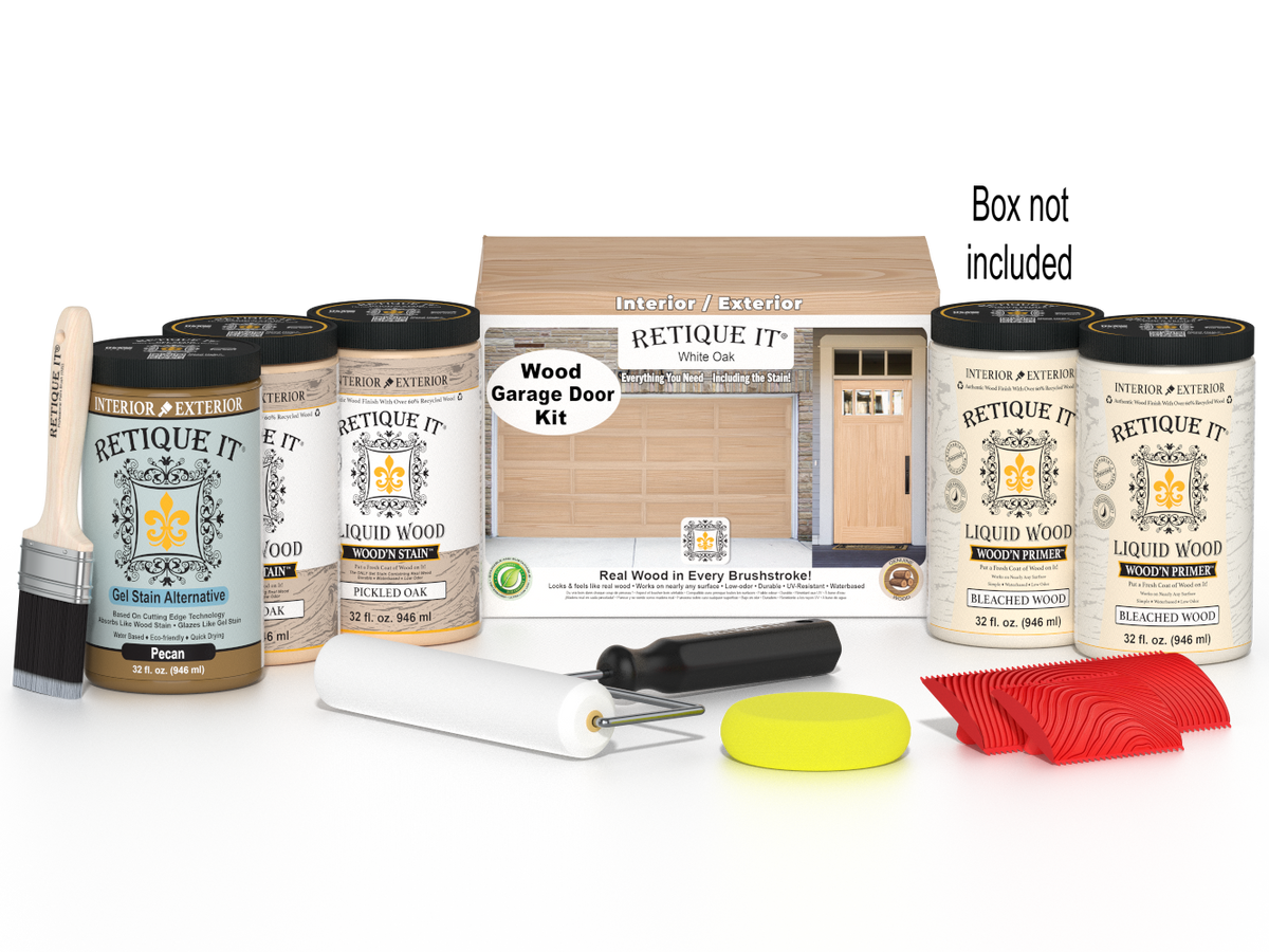Retique It® White Oak Wood Garage Door Kit with Liquid Wood®, Pecan Gel Stain Alternative, yellow sponge, red graining tool, roller, brush, and kit box.