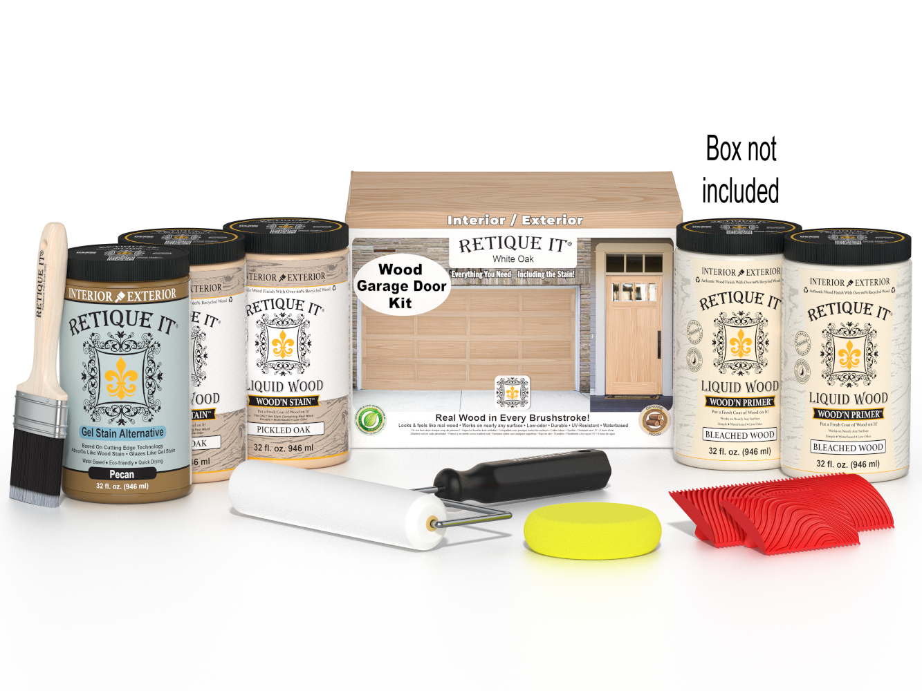 Retique It® White Oak Wood Garage Door Kit with Liquid Wood®, Pecan Gel Stain Alternative, yellow sponge, red graining tool, roller, brush, and kit box.