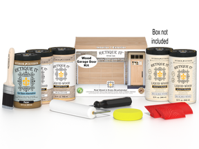 Retique It® White Oak Wood Garage Door Kit with Liquid Wood®, Pecan Gel Stain Alternative, yellow sponge, red graining tool, roller, brush, and kit box.
