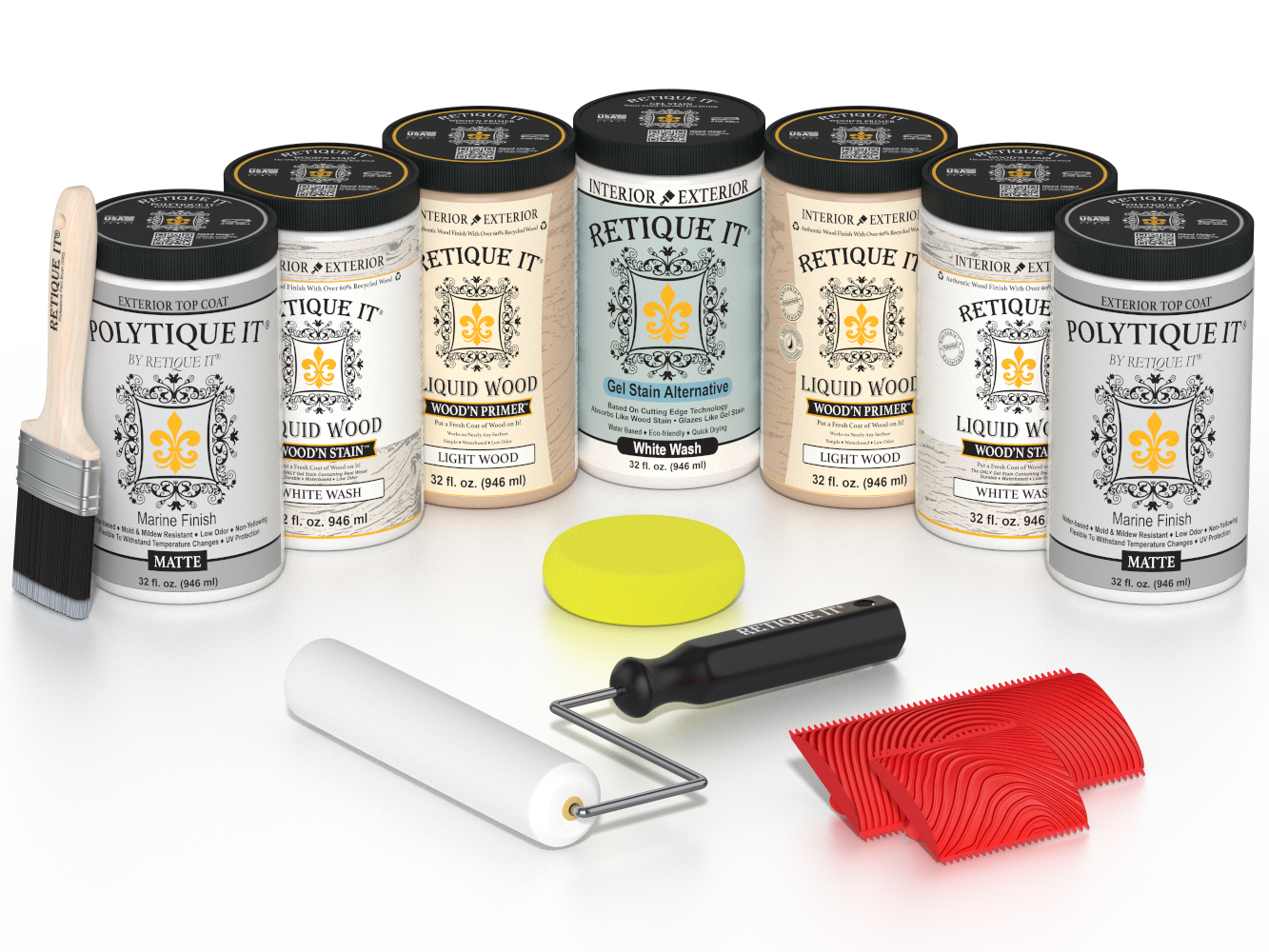 Retique It White Wash Kit with Liquid Wood, White Wash Gel Stain Alternative, Politique It Matte Finish, yellow sponge, red graining tool, roller, and brush.