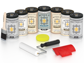 Retique It White Wash Kit with Liquid Wood, White Wash Gel Stain Alternative, Politique It Satin Finish, yellow sponge, red graining tool, roller, and brush.