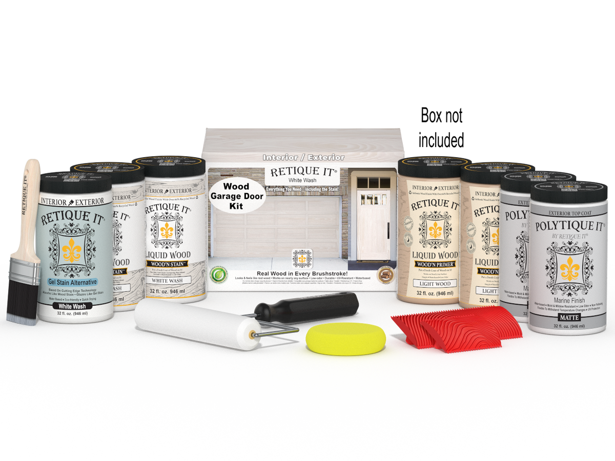 Retique It® Wood'n Door Kit in White Wash stain for front and garage doors, includes stain and applicator, shown with packaging.