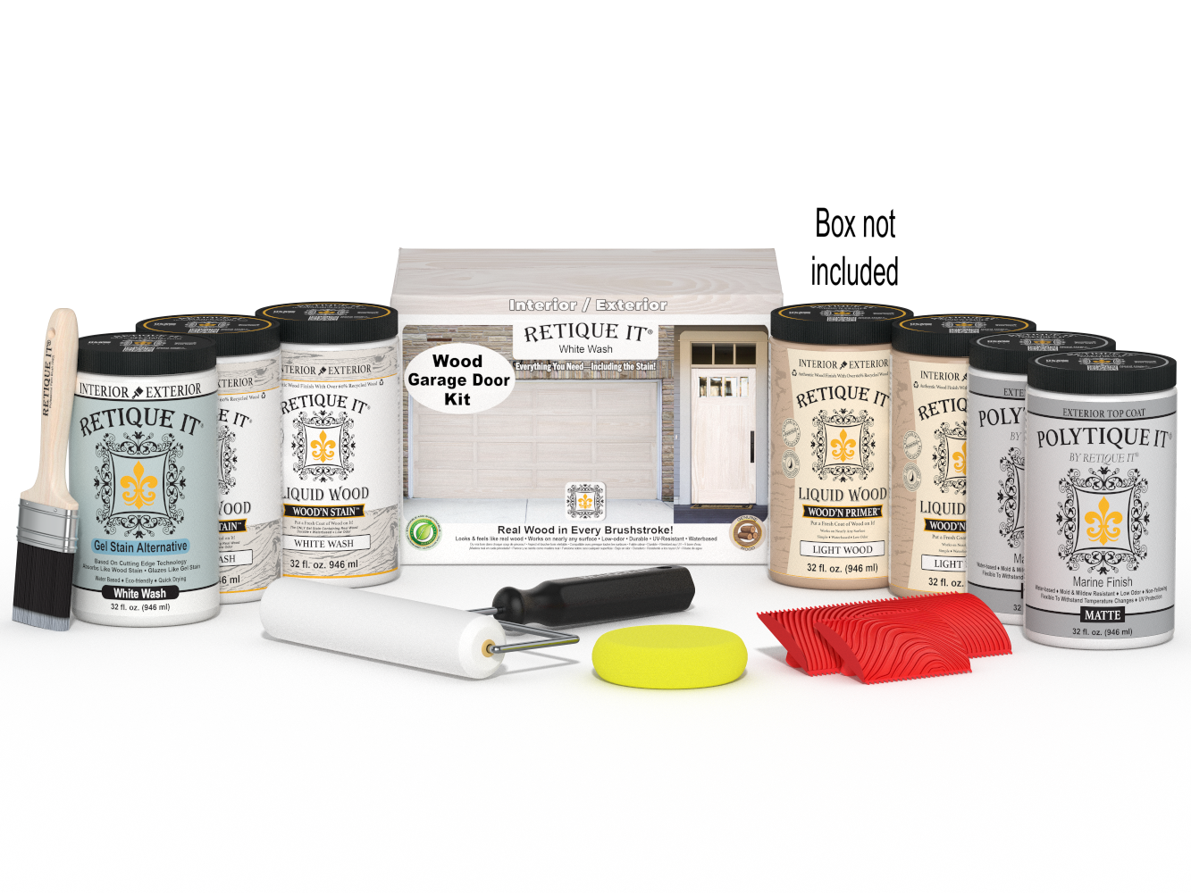 Retique It® Wood'n Door Kit with white wash stain for front and garage doors, includes application tools and packaging.